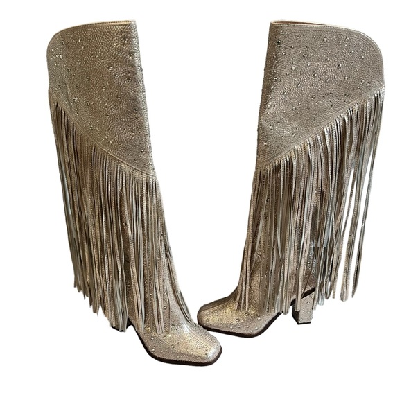 NWOT Jessica Simpson Gold Asire2 Rhinestone Embellished Fringe Boots, Sz… - Picture 5 of 14